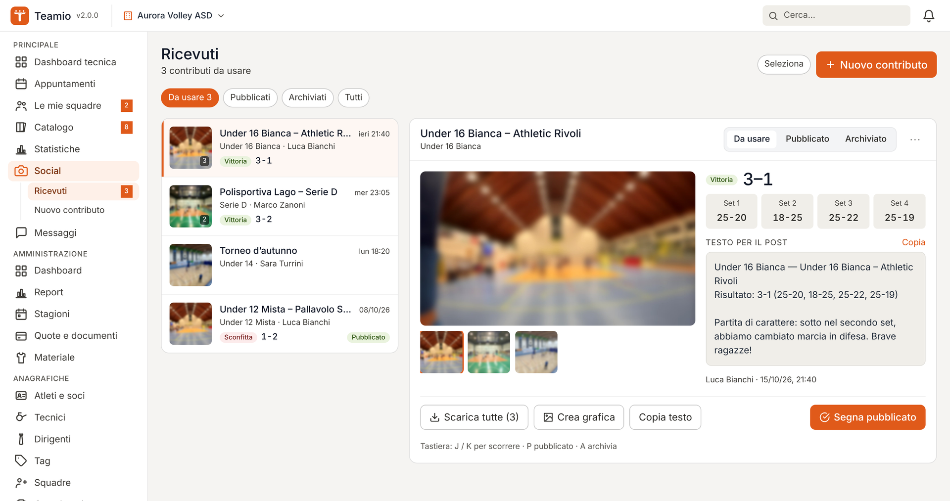 La casella dei contributi social con foto, risultato e testo del post