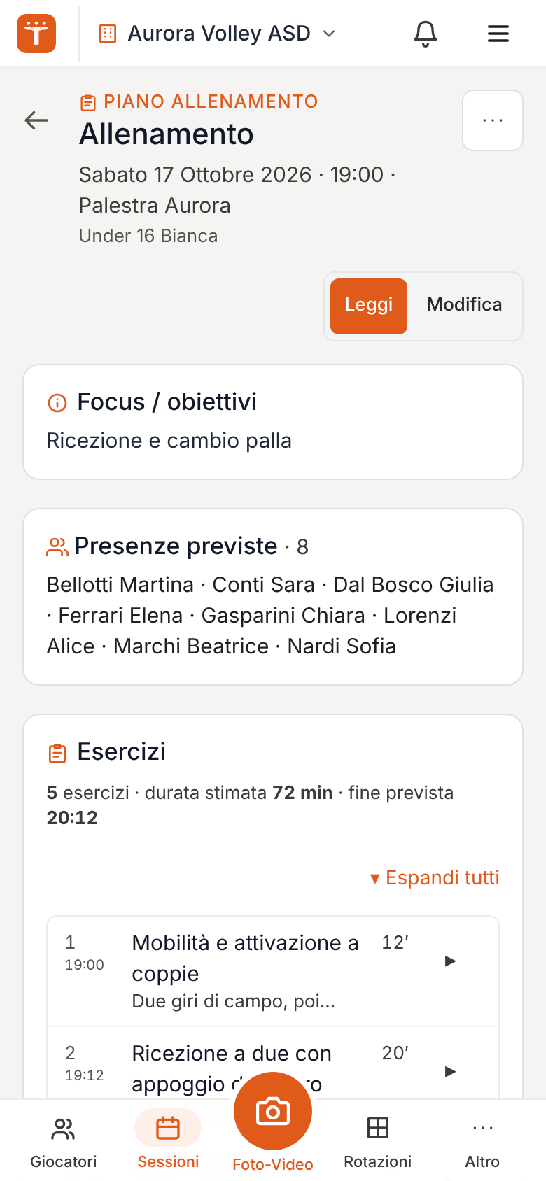 Il piano di allenamento sul telefono, con gli esercizi e la durata