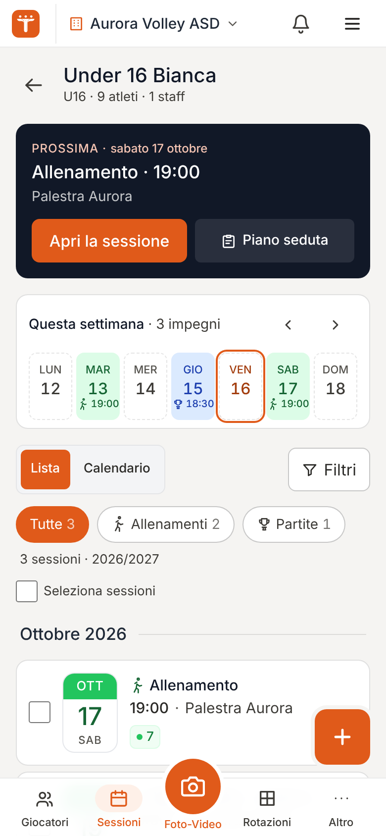 TeamIo sul telefono: la settimana della squadra con il pulsante Apri la sessione