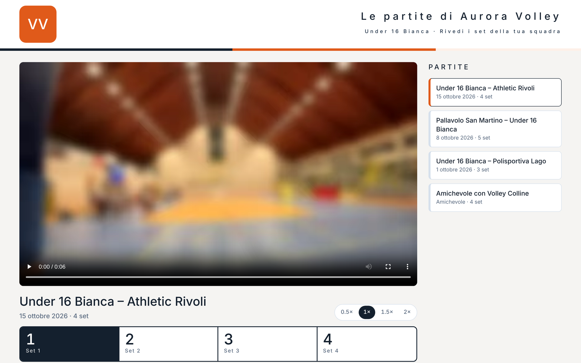 La pagina pubblica della videoteca: il video del set, i set della partita e l’elenco delle partite